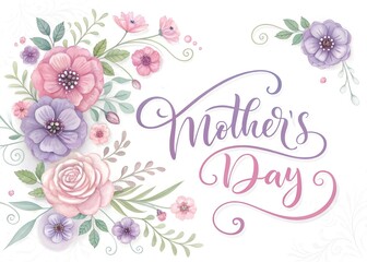 Floral greeting card with pink flowers and vintage decorative design for mothers day 