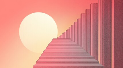 Obraz premium Ascending staircase leading up toward a large circular sun in the sky