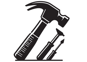 silhouette hammer logo vector design, hammer logo icon silhouette, hammer silhouette, hand gripping a hammer vector silhouette, black and white hammer tool logo icon on  white background