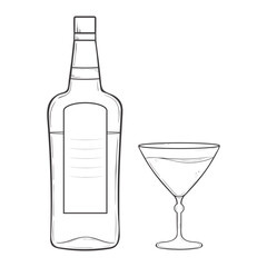 Outlined illustration of a bottle and a martini glass. Hand drawn ink bottle of alcohol and a glass filled with a bubbly beverage liquor.
