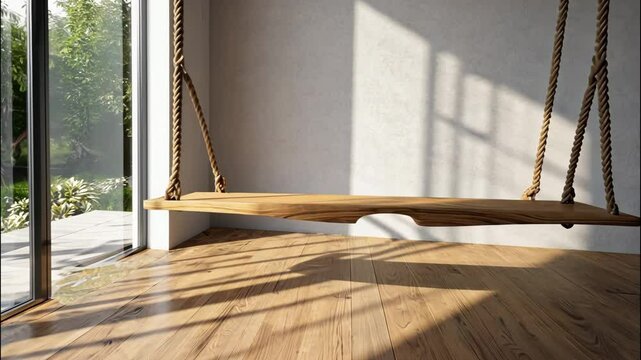 Charming Indoor Scene with Wooden Swing, Sunlit Paned Window, and Potted Plant on Herringbone Wood Floor
