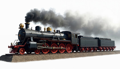 Obraz premium Isolated old steam locomotive puffs smoke. Transport and railway vintage machine on rail tracks. Express engine shows journey and coal wagon for historical passenger transport in retro design.