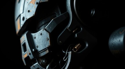 Close-up of Futuristic Helmet with Intricate Metal and Cable Details