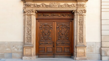 Fototapeta premium Intricate Carved Wooden Door in Stone Frame