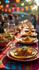 Fototapeta premium Outdoor fiesta: vibrant dining with spaghetti and wine at sunset celebration