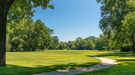 Obraz premium Serene Park Walkway Surrounded by Lush Green Grass and Trees
