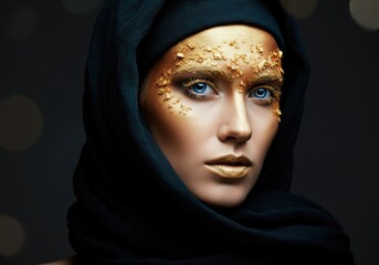 Naklejka premium Woman with golden makeup and a black hijab, showcasing beauty and elegance