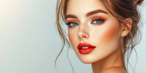 Fototapeta premium Beauty in Bloom: A close-up studio shot of a young woman showcases flawless makeup and a captivating gaze, radiating charm and elegance.