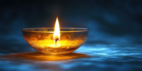 Fototapeta premium Candle flame illuminating a glass bowl in a dark setting with blue highlights