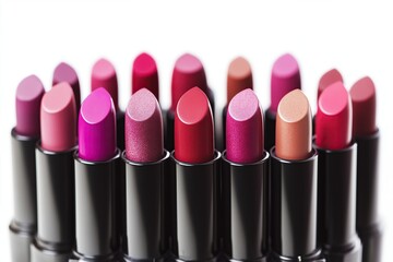 Many lipsticks in different colors isolated on a white background