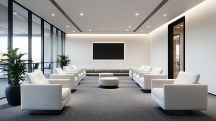 A communal TV lounge with clean lines and neutral colors, relaxing shared entertainment