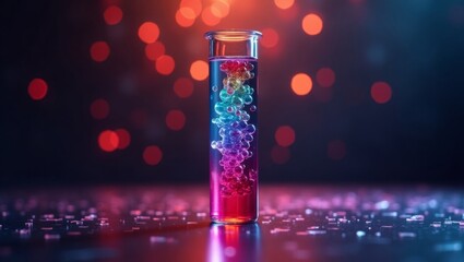 Vivid gradient liquid in a glass vial with bokeh background