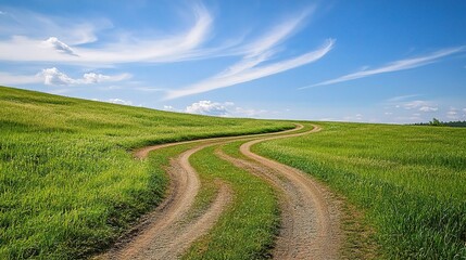 Winding Dirt Road Through Grassy Field Under Blue Sky
