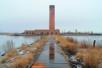 Abandoned Brick Factory Winter Landscape With Walkway