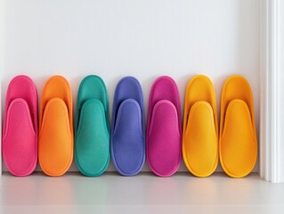 Neatly arranged house slippers in a hallway, orderly coliving culture