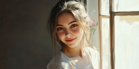 Fototapeta premium Radiant Grace: A young woman with a captivating smile, bathed in soft, natural light near a window. A portrait of youthful beauty and serene charm, capturing a moment of quiet introspection and hope.
