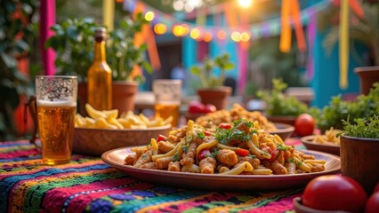 Colorful outdoor fiesta with pasta, beer, and festive decorations at sunset