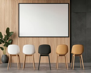 A row of minimalist chairs facing a projector screen, shared entertainment space