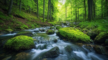 Obraz premium Lush Spring Forest Landscape with Flowing River and Green Moss