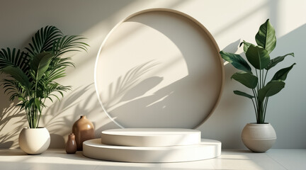 two potted plants and a two-tiered display platform in a minimalist studio setting