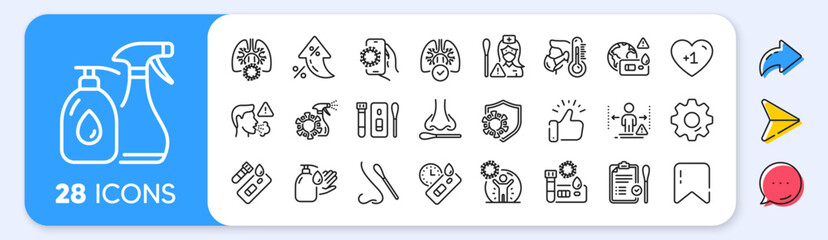 Covid Test line icons. Interest rate, AI generate, Inflation icons. Nasal swab, Blood testing, Waiting time. Social Distance, Hand Sanitizer, Rapid Antigen Test icons. Vector