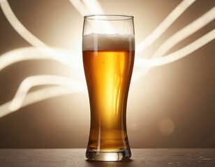 Glass of light beer stands on table against creative backdrop. Full pint of pilsner with bubbles, yellow colors. Golden lager. Alcoholic drink, draft refreshment, cold beverage in pub, bar,