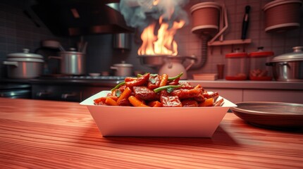 Serving Delicious Stir Fry Dish in Kitchen with Flames on Stove