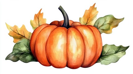 Watercolor Pumpkin and Fall Leaves, Thanksgiving ,Autumn