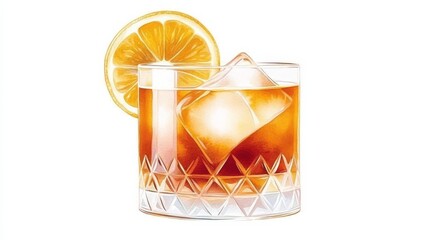 Watercolor Old Fashioned Cocktail with Orange Slice and Ice, Drinks, Alcohol