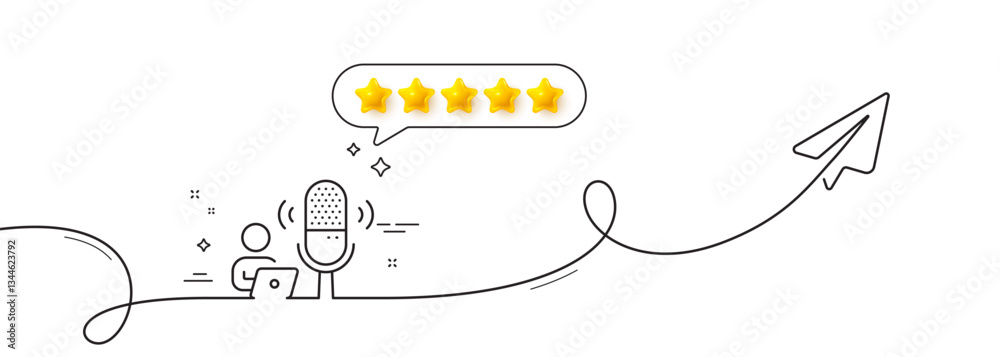 Poster podcast line icon. continuous line with share plane. studio mic sign. voice record microphone symbol