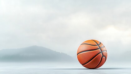 Basketball on misty landscape.