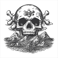 Obraz premium Intricate Skull and Crossbones Design with Mountain Landscape Background