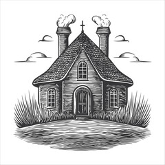 Charming Hand-Drawn Cottage with Smoky Chimneys and Clouds