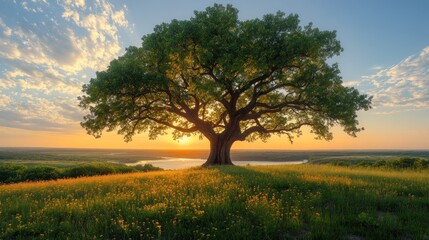 Fototapeta premium Majestic oak tree on a hilltop meadow at sunset, overlooking a river.