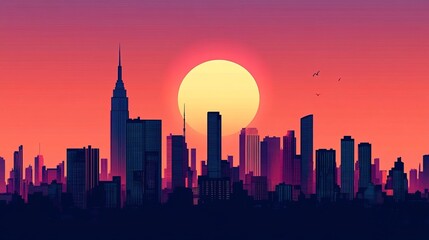 Fototapeta premium Retro Sunset City Skyline Silhouette, urban , cityscape