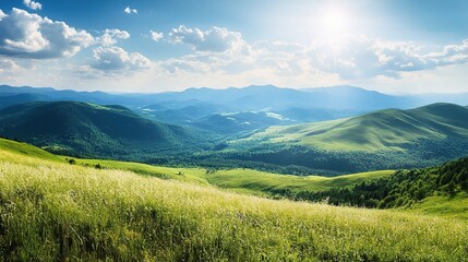 Serene Summer Landscape of Rolling Mountains and Lush Green Fields