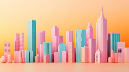 Obraz premium Pastel Cityscape Pink and Teal Buildings on Peach Backdrop, Architecture, Minimalist
