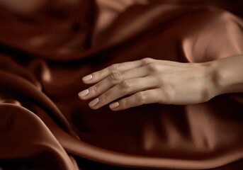 Elegant hand resting on luxurious satin fabric, showcasing beauty and grace