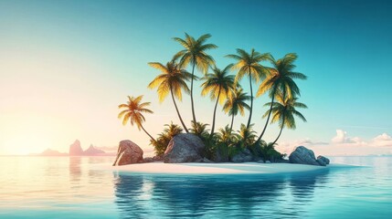 Palm Paradise Sandy Isle with Turquoise Water and Golden Sunset,Tropical , Island