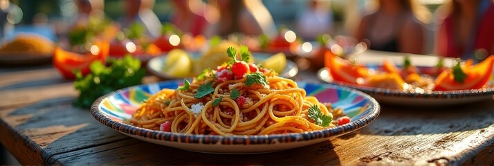 Colorful spaghetti dish on outdoor table with people enjoying summer gathering