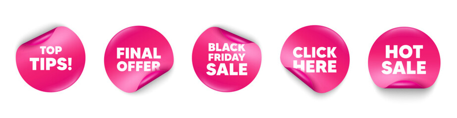 Top tips sticker tag. Click here, Black friday paper price banners. Top tips tag. Education faq sign. Best help assistance. Hot sale sticker. Promo banners. Vector