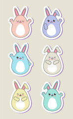 Kawaii bunnies in egg shape - set of stickers with cute animals