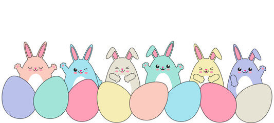 Bunnies and eggs Easter border with cute rabbits
