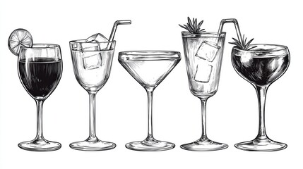 Elegant Cocktail Lineup Hand-Drawn Sketch of Various Drinks with Garnishes, cocktails , beverage