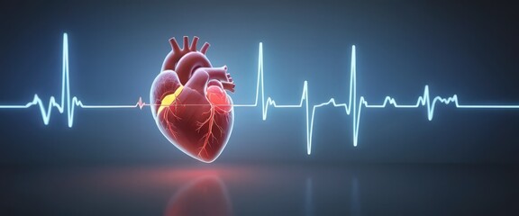 Human heart with heartbeat graph on dark background.