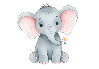 Fototapeta premium Adorable Baby Elephant with Oversized Ears Holding a Tiny Flower Isolated on PNG Background.
