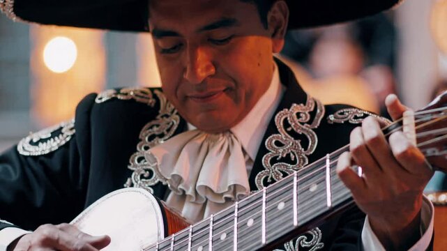 Skilled mariachi musician carefully tuning acoustic guitar strings, wearing traditional charro costume and sombrero, preparing for passionate musical performance