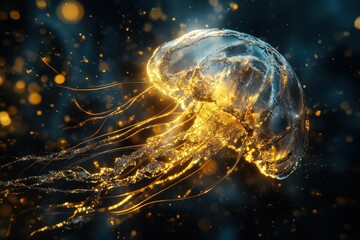 Fototapeta premium A luminous jellyfish floats delicately through a dark underwater space