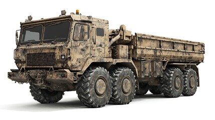 Military cargo truck,  camouflaged, large wheels,  heavy-duty