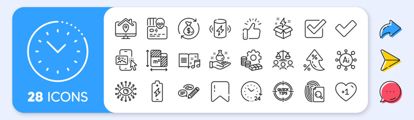 Checkbox, Floor plan and Tick line icons. Interest rate, AI generate, Inflation icons. Pack of Cyber attack, Battery charging, Inspect icon. Creative idea, Phone image, Tips pictogram. Vector